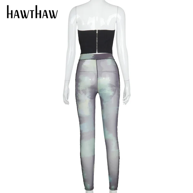 

Hawthaw Women Autumn Winter Printed Strapless Tube Tops Mesh See Through Long Pants Two Piece Sets 2020 Fall Clothes Streetwear
