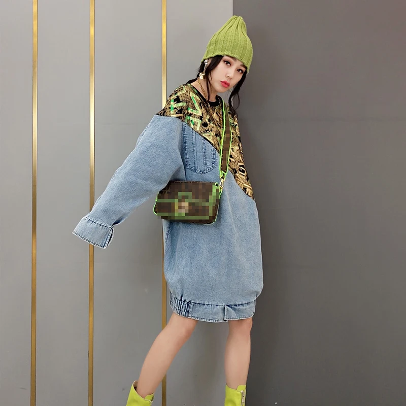 

SHENGPLLAE Prtinted Dress Women's Spring 2021 New Round Neck Knitted Patchwork Denim Large Size Long Sleeve Knee-length Dresses