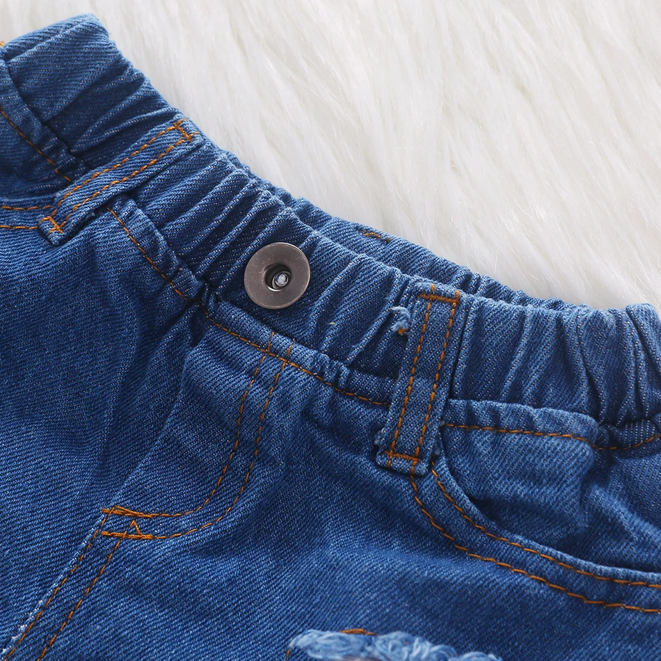 New Girls Outfits Fashion Printed Summer Suspender Tops Broken Hole Denim Shorts Toddler Kids Clothing Set Cool Children Clothes