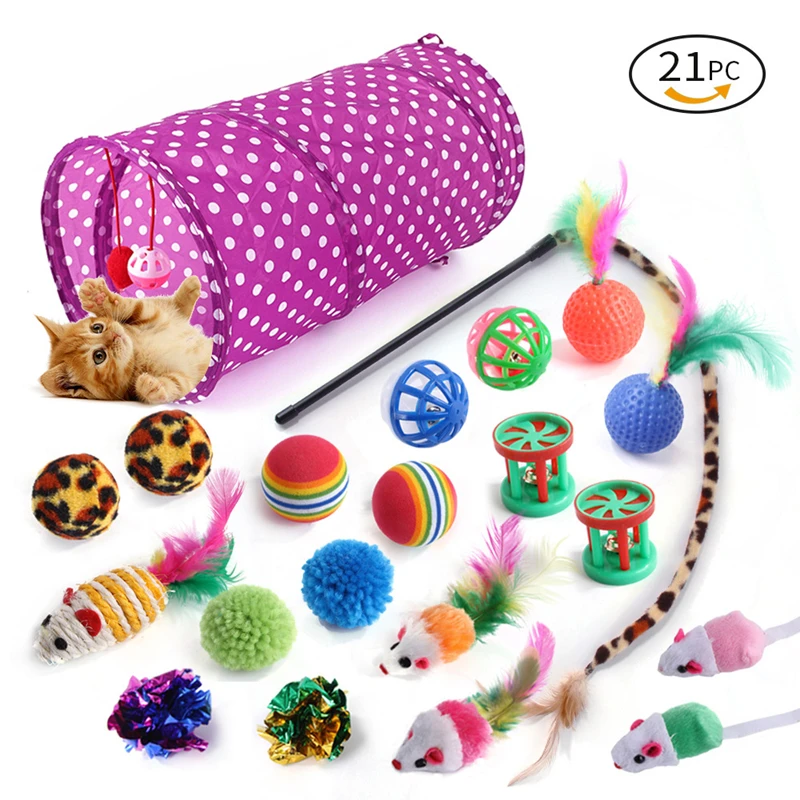 

21 Pcs Cat Toy Kit Collapsible Tunnel Indoor Kitten Interactive Teaser Wand Mice Ball Pet Teeth Clean Fun Channel Feather Ball