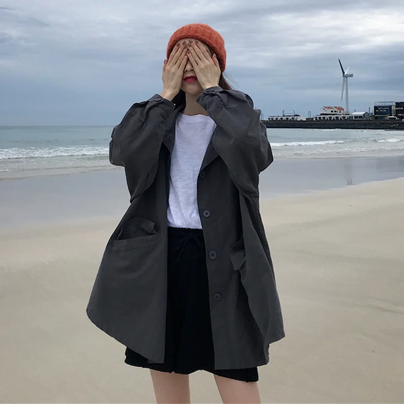 Trench Women Fashionable Gothic Japan Style Harajuku High Street Streetwear Solid Turn-down Collar Retro Bf Casual Coats Chic | Женская