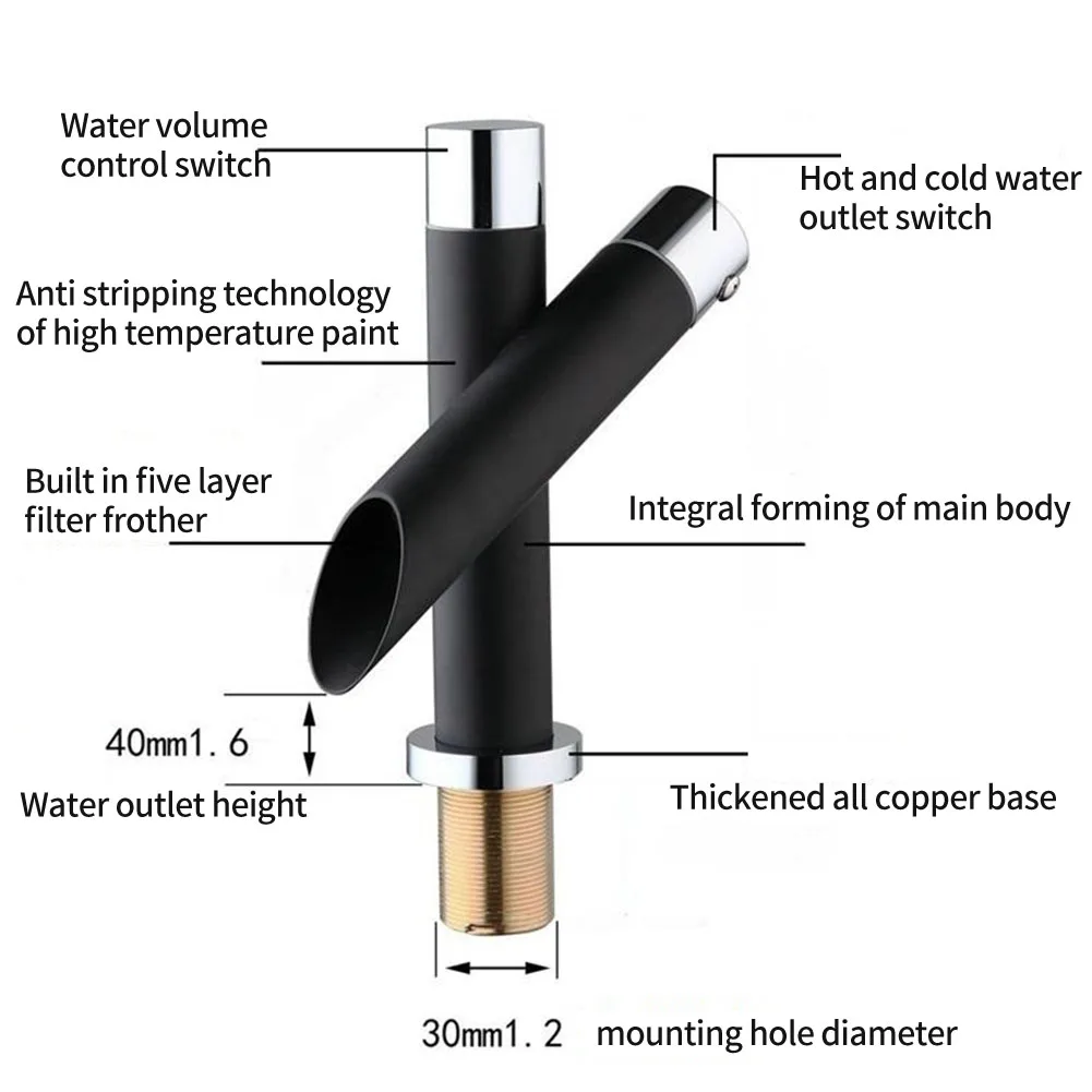 

Bathroom Kitchen Black Deck Mount Hot Cold Brass Mixer Tap One Hole Single Handle Home Basin Sink Faucet Chrome Waterfall Small