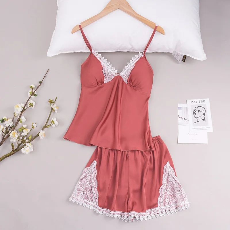 Roseheart New Women's Sleep Pajama Sets Sleepwear Nightwear Short Suits Lace Faux Silk Nightgown 2 Pieces Lingerie Backless