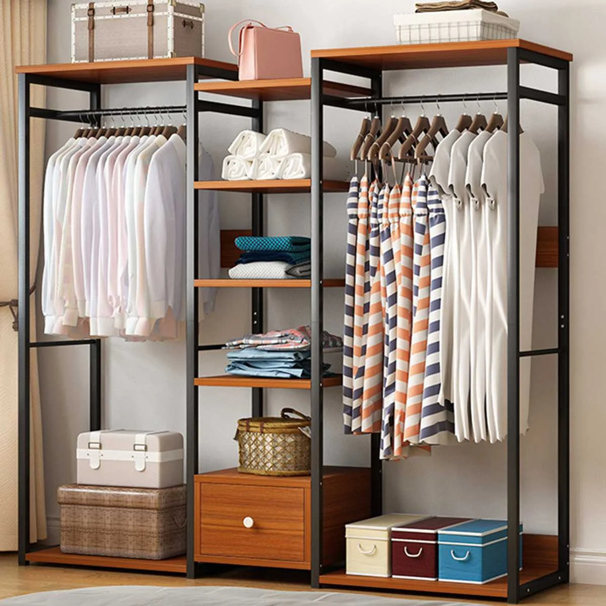

Coat Rack Assembly Floor Shelf for Clothes Hanger Standing Metal Wardrobe for Clothing Storage Shelves With Drawer Black