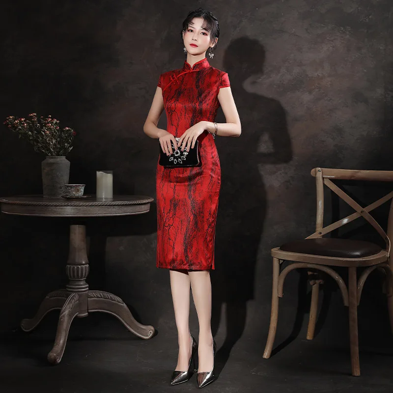 Новое шелковое платье-Ципао для девушек повседневное облегающее длинное