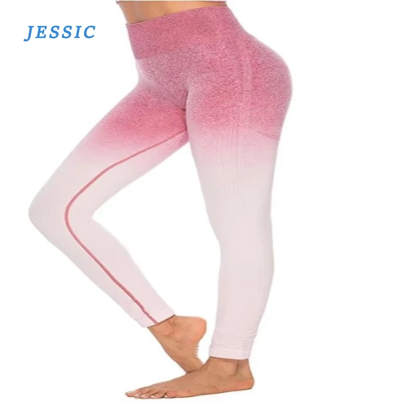 

JESSIC Women Sports Gym Yoga Pants Compression Tights OMBRE Seamless Pants Stretchy High Waist Run Fitness Leggings Hip Push Up
