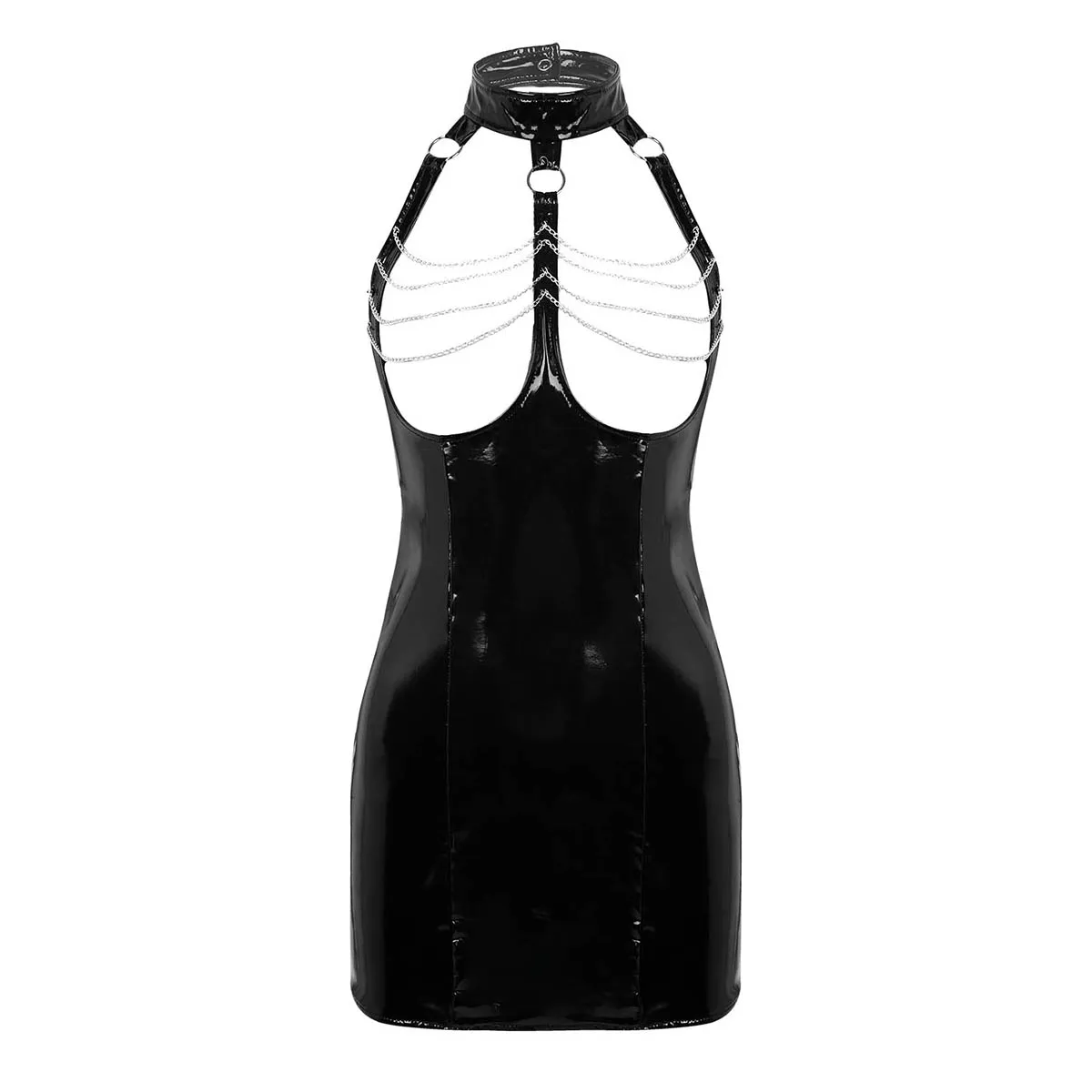 

Women Wetlook Faux Leather Dresses Lingerie Halter Neck Open Cup Tassels Sleeveless Backless Bodycon Mini Dress Underwear Club