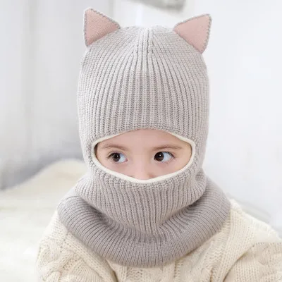 Шарф-капюшон для маленьких мальчиков и девочек 2-6 лет, шапки, теплые флисовые Плюшевые Вязаные шапки и повязки на уши - Цвет: gray