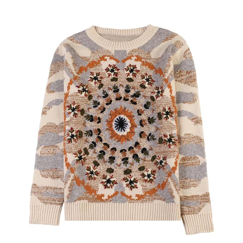 Boho Inspired Embroidered Sweater women Beige crew neck long sleeve pullover autumn winter warm jumper 2019 fashion new tops | Женская