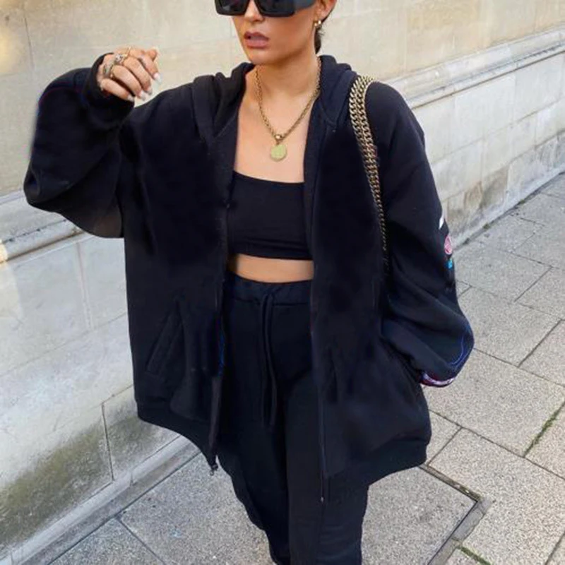 

Женская Повседневная Свободная куртка с длинным рукавом, с капюшоном и надписью