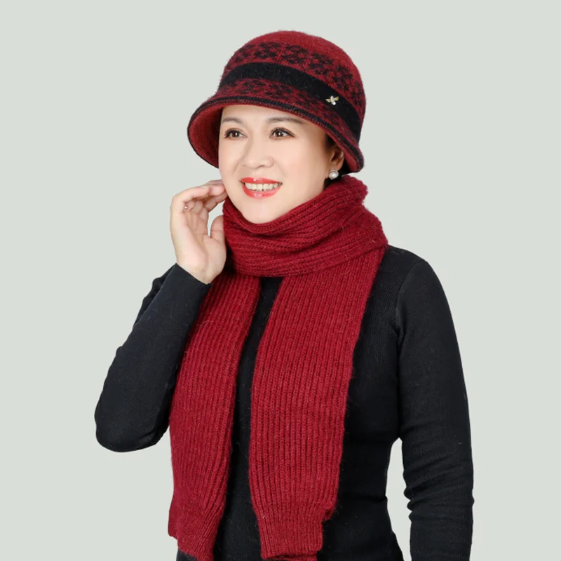 Winter Mom Hat and Scarf Set for Women Rabbit Fur Scarves Knitted Bucket Hats Grandma Gift | Аксессуары для одежды