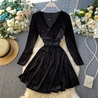 womens black dress autumn winter new fairy retro velvet bright silk dress office lady v neck full a line mini dress ml581