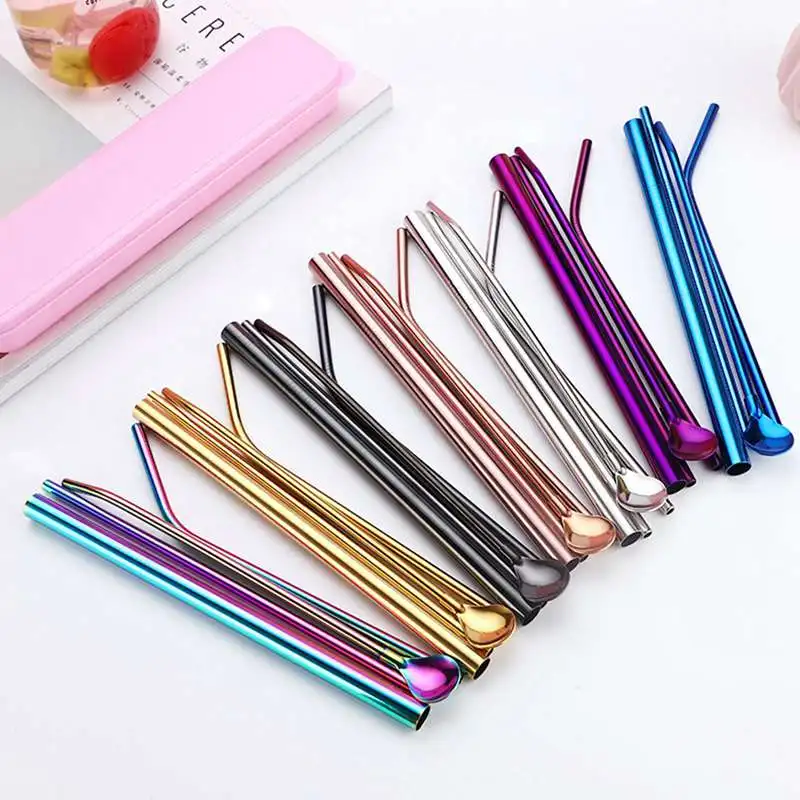 

Metal Straws 304 Stainless Steel Reusable Straws Straight Bent Drinking Straw With Case Cleaning Brush Set Party Bar Accessory