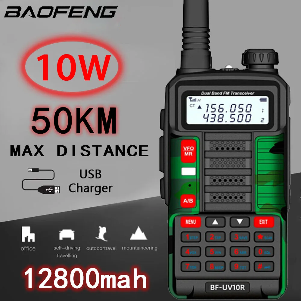 

2022 BAOFENG 10W Professional Portable Walkie Talkie UV-10R 50km 128 Channels VHF UHF Dual Band Two Way CB Ham Radio Transceiver