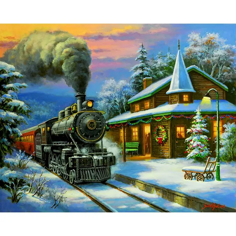 

Snow Rail Train Landscape DIY Oil Painting By Numbers Kits Drawing Canvas HandPainted Art Pictures Coloring Modern Home Decor