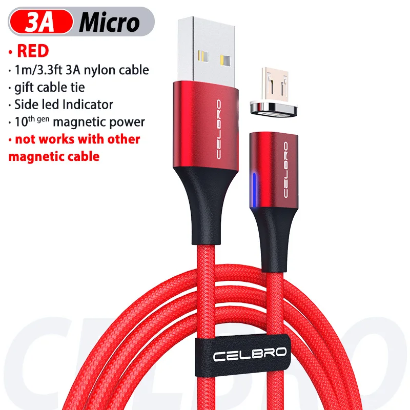 red for micro 5А Магнитный кабель для быстрой зарядки mi cro Usb шнур для Xiao mi A3 A2 mi 9 Cabos 3 м светодиодный светильник Usb Type C кабель 3,1 кабель для быстрой зарядки - Цвет: red for micro