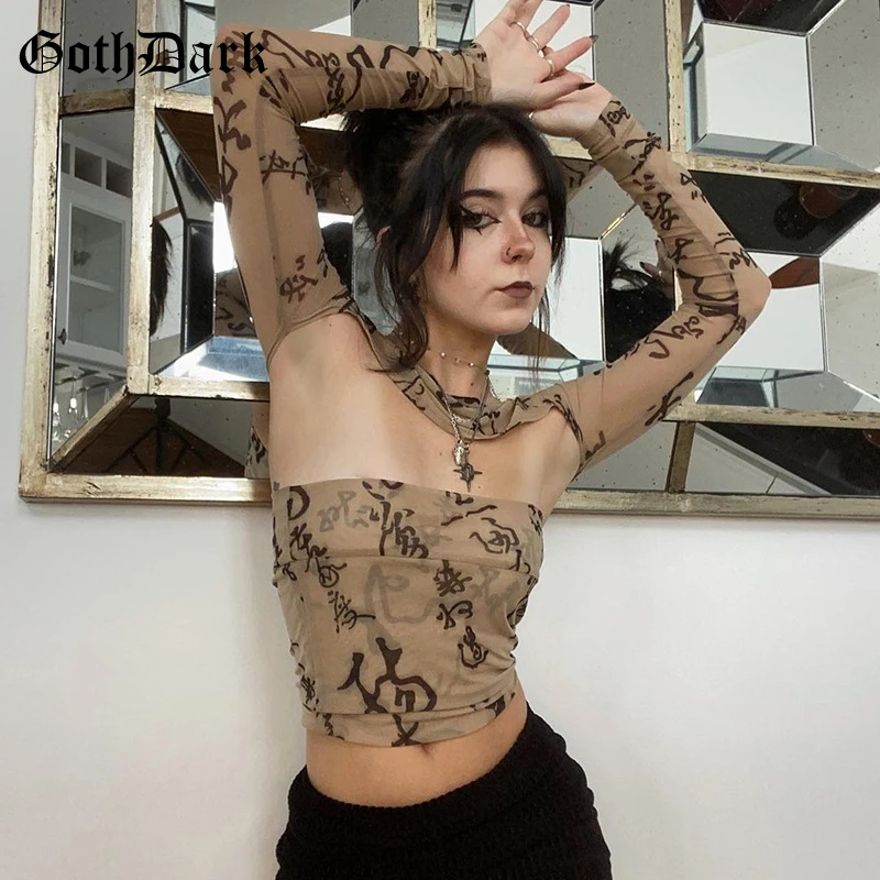 

Goth Dark Mesh Gothic Sexy Tube Tops With Cropped T-shirts Vintage Brown 90s Streetwear Co-ord Sets Punk Y2k Fall Skinny 2pc Set