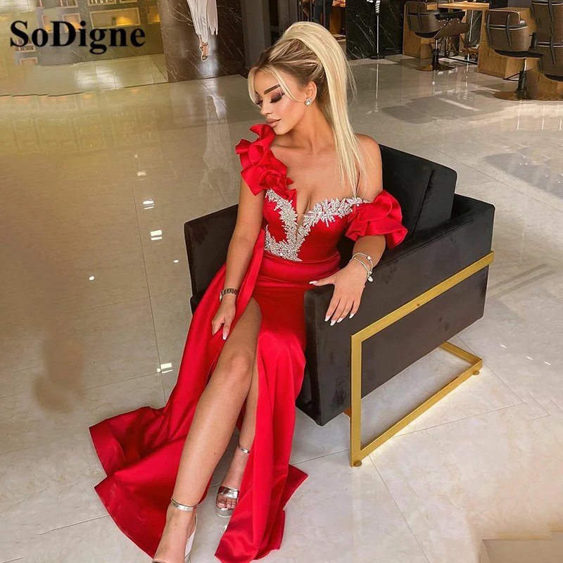 Купи SoDigne Red Mermaid Satin Prom Dresses 2022 Sexy Slit Side Formal Party Gowns Off The Shoulder Long Evening Dress Plus Size за 5,332 рублей в магазине AliExpress