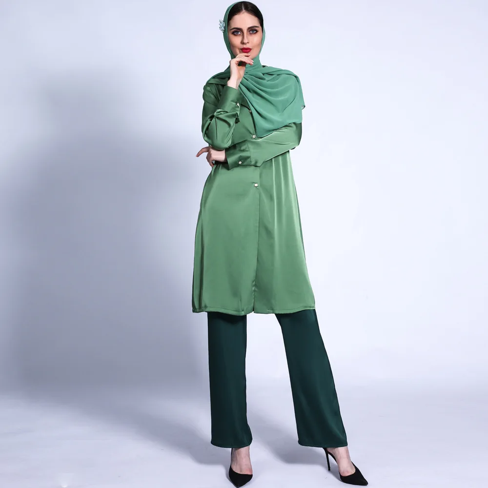 Free Shipping Muslim Women Fashion 2 Pieces  Autumn Long Trousers Satin Ensembles Color Abayas Collar Kaftan Full Cover Suits