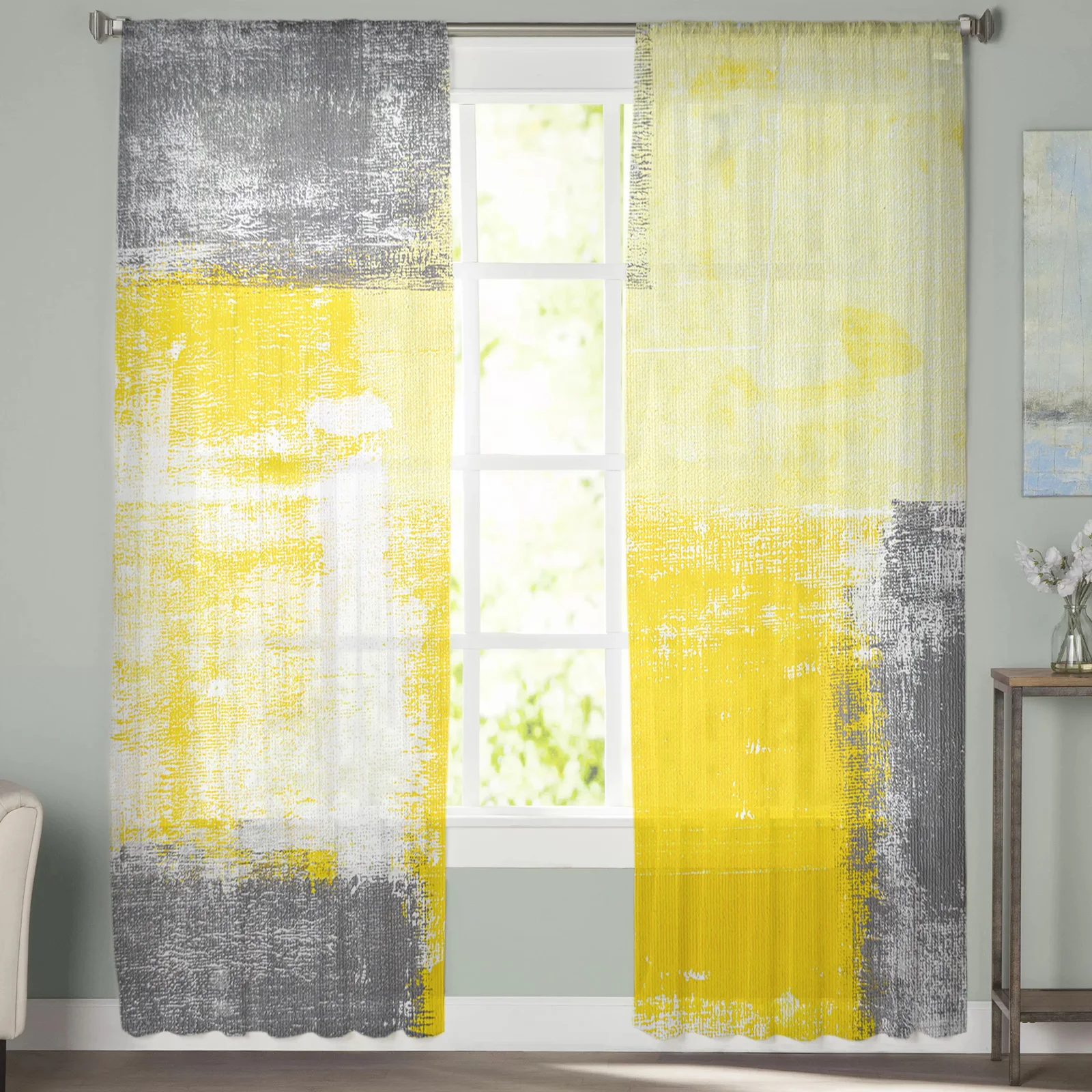 Paint Abstract Geometric Yellow Tulle in Sheer Curtains for Living Room Bedroom Kitchen Window Treatment Chiffon Curtain Blinds |