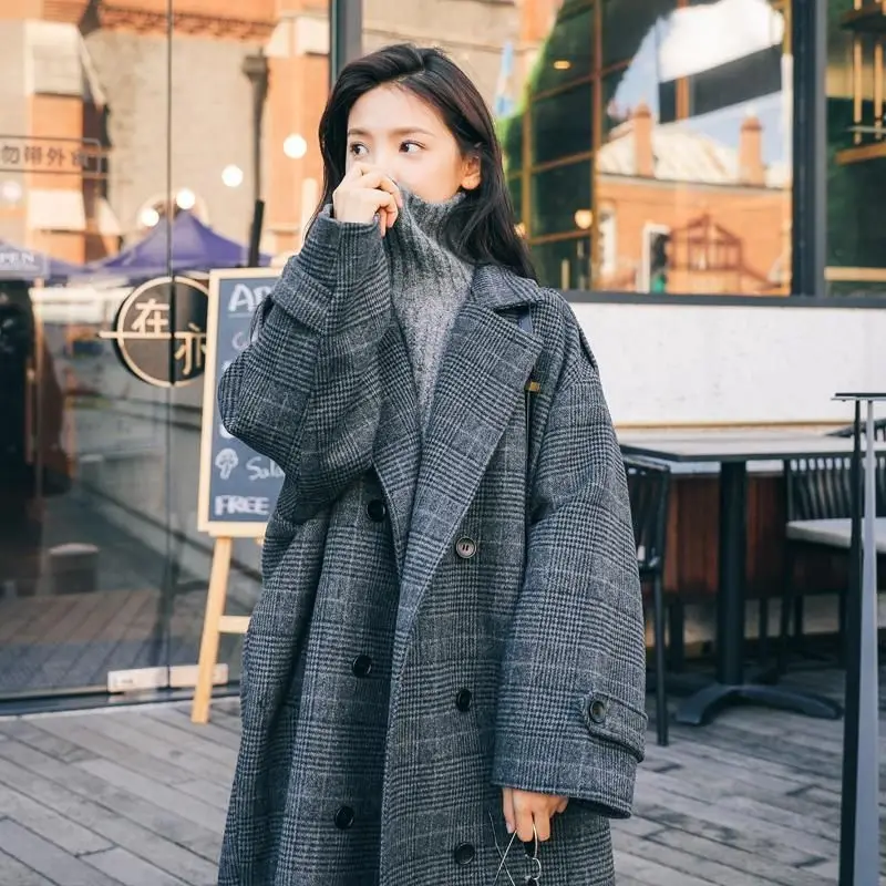 

Plaid Woolen Coat Women's Mid-length Korean Oversized 2021 Autumn Winter New Preppy Student Loose Over-the-knee Woolen Jackets