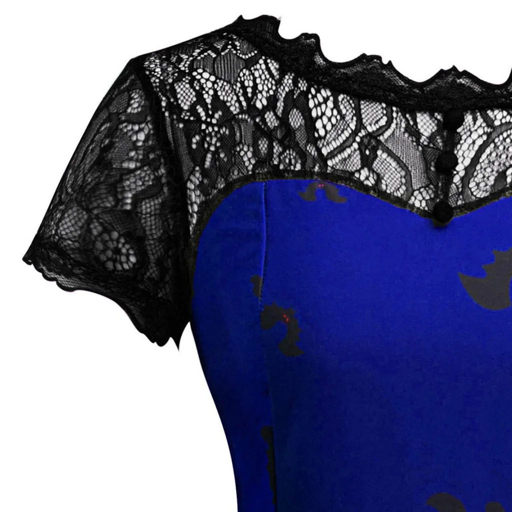 

Women Fashion Halloween Print Lace Short Sleeve Vintage Gown Evening Party Dress Housewife Evening Party Prom halloween Dress AD