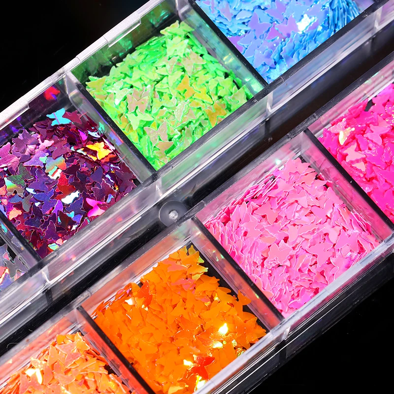 1 коробка для дизайна ногтей флуоресцентные хлопья голографические бабочки