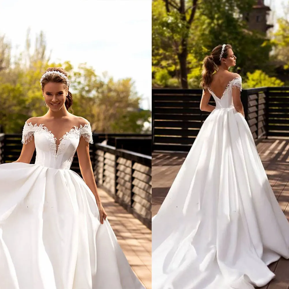 Elegant A Line Wedding Dress O Neck  Lace Appliques Cap Sleeve Bridal Gown Backless Graceful Robe De Mariee Custom Made Big Size