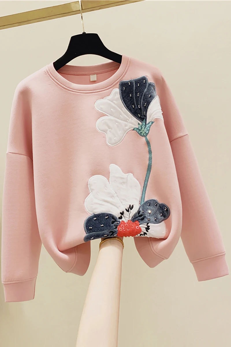 

2021 Spring New Korean Style Embroidered Sequins Beaded Flower Pullover Sweatshirt Women's Loose and Idle Top Fashion Pink