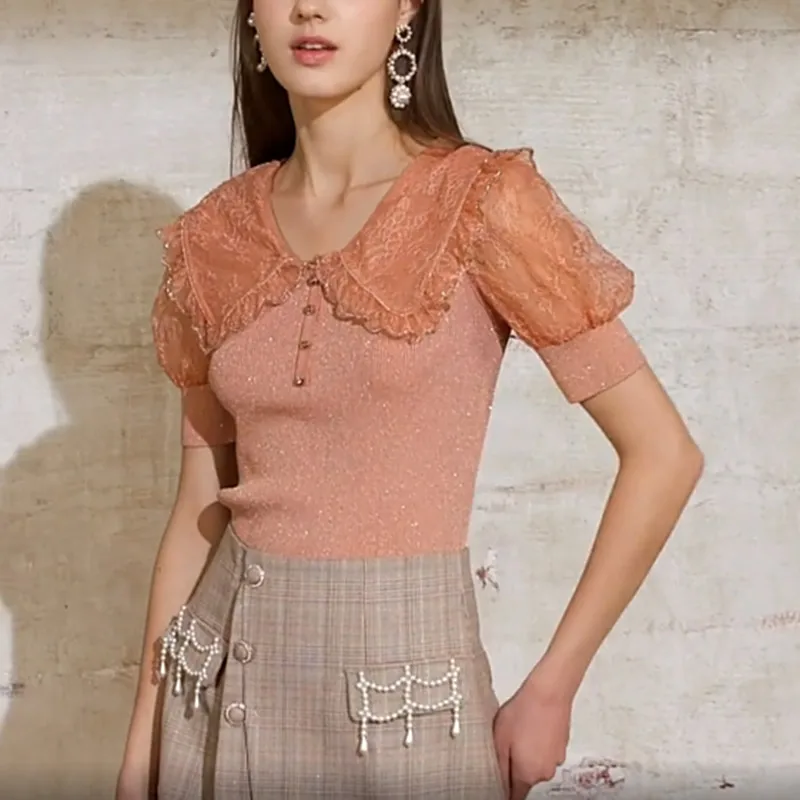 

Ladies Slim Blouse Women 2021 Knitted Summer Tops Sequined Gold Thread Lapel Lace Collar Short Puff Sleeve T Shirt Tight Tee