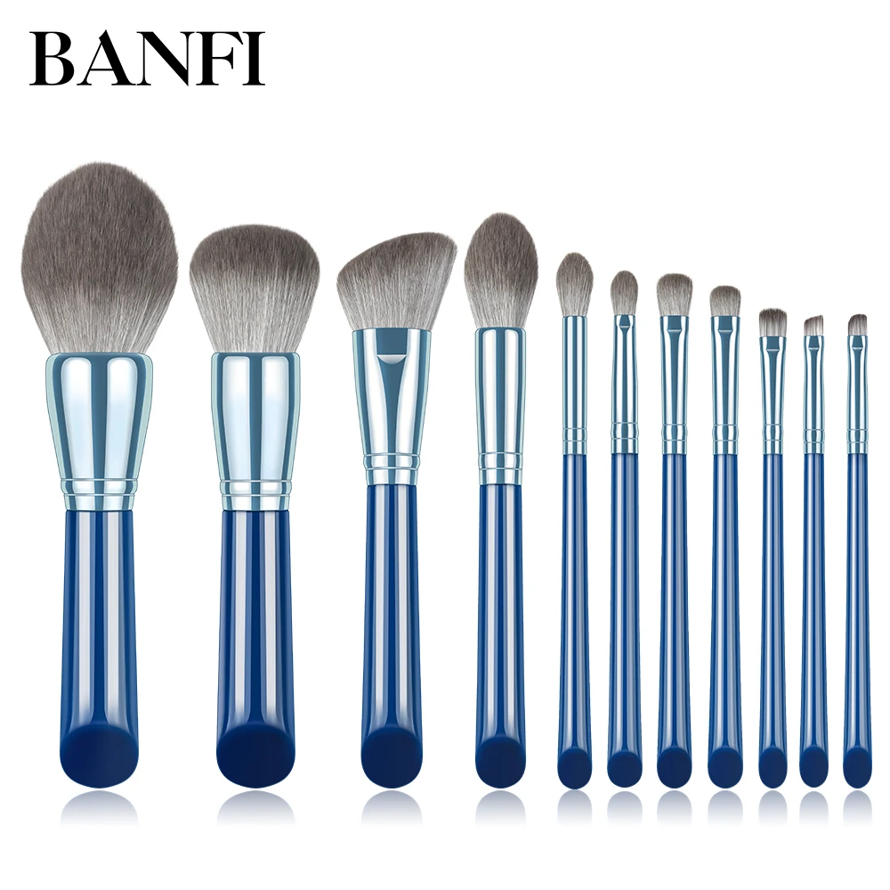 

BANFI Exquisite 11pcs Blue Makeup Brushes Set Powder Wood Handle Concealer Cosmetic Eyebrow Beauty Brushes Set Tools кисти набор