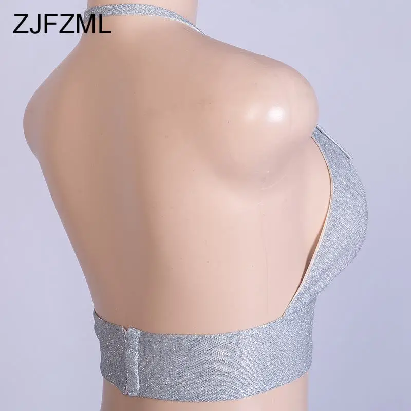 Глубокий v-образный вырез Блестящий летний короткий топ бюстгальтер без косточек