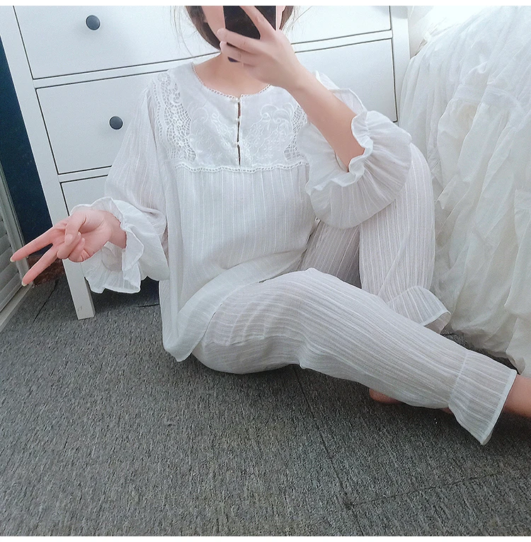 

Court Princess Pajamas Set Korean Fashion Sweet Girl Long Sleeve Embroidered Sleepwear Women 2021 Spring Cotton Cute Loungewear