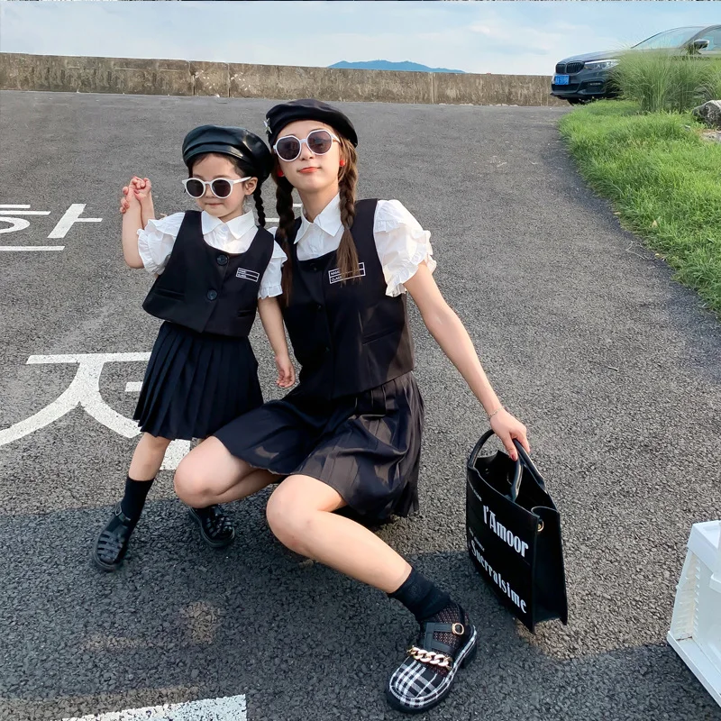 

2021 Mother And Daughter Matching Outfit Summer Kids Girls School Student Style Clothes Japan Women White Blouse+Vest+Skirt Sets