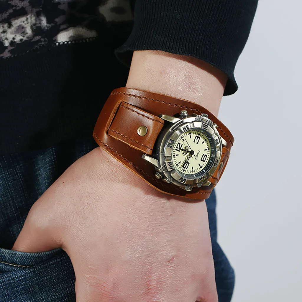 

Retro Watch Men Punk Retro Simple Pin Buckle Strap Leather Band Watch Relogio Masculino Brown Big Wide Leather Bracelet Cuff Men