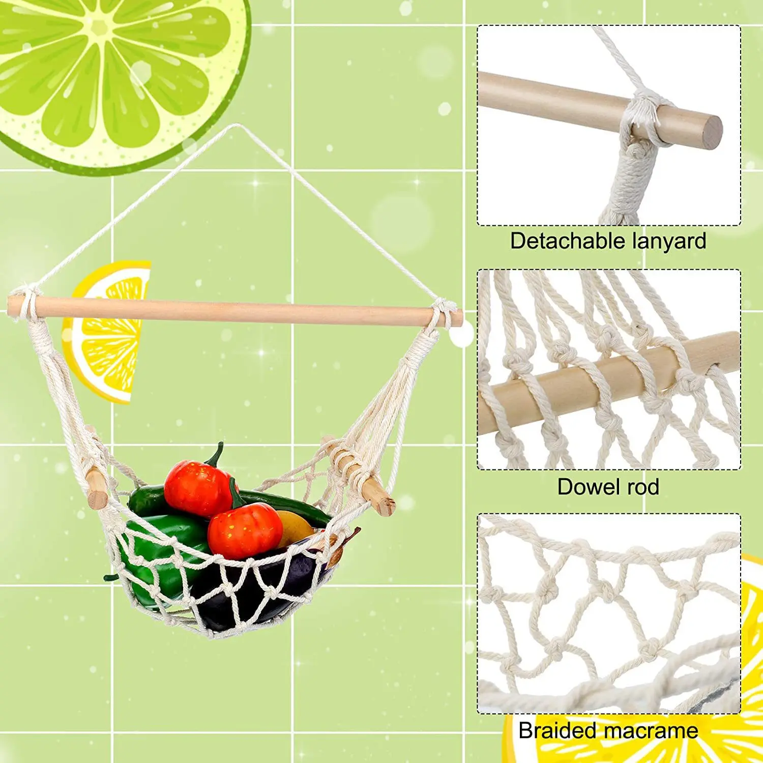 

Hand-woven Cotton Rope Fruit And Vegetable Hammock Hanging Kitchen Storage Hanging Basket