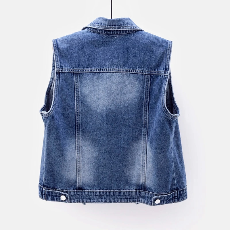  Sleeveless Women Vest 2021 New Summer Denim Waistcoat Fashion Casual Short Jeans Jacket Beaded Holes Slim Jeans Coat