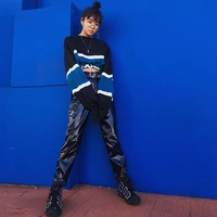 striped o neck long sleeve loose casual short tops sweatshirt ladies spring autumn drawstring patchwork tops crewneck sweatshirt