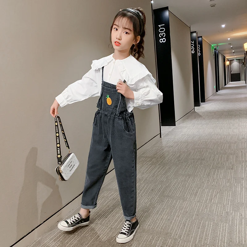 

Autumn New Baby Girls Sets Cute Doll Collar Cotton Long Sleeve Shirts + Overalls 2pcs Kids Clothes Fashion Children Outfits