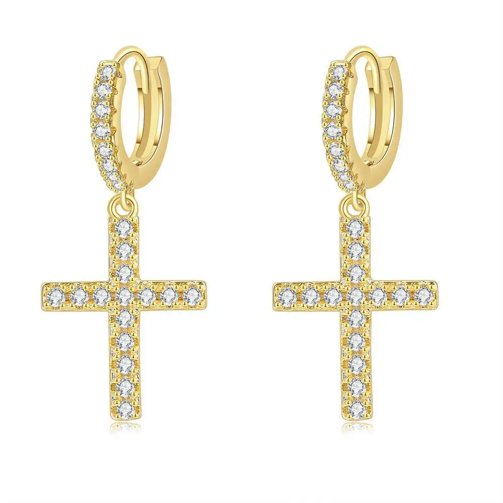 

2021 new cross earrings personality style copper inlaid zircon gold-plated earrings cross-border explosion hip-hop earrings