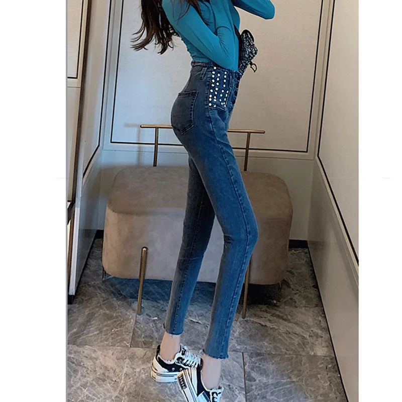 2020 Spring Women Jeans Pencil Pants High Waist Womens Skinny Mom Buttons Blue Elastic Denim Heavy Rivet | Женская одежда