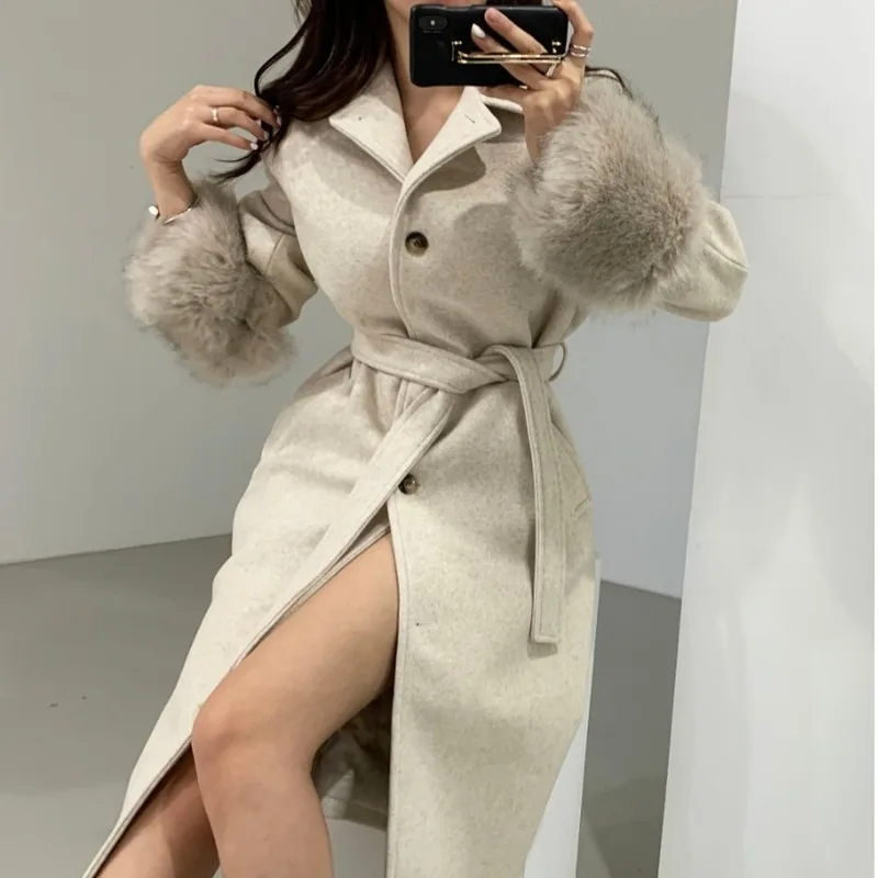 

2020 autumn and winter new Korean style temperament waist mid-length over the knee lace fashionable woolen coat jacket women