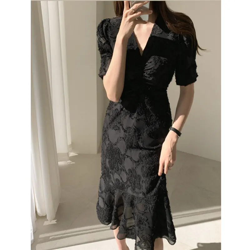 

2020 Early Spring Plus Slender Ruffles Short-Sleeved Long Dress Stylish V-Neck Elegant Waist-Controlled Slimming