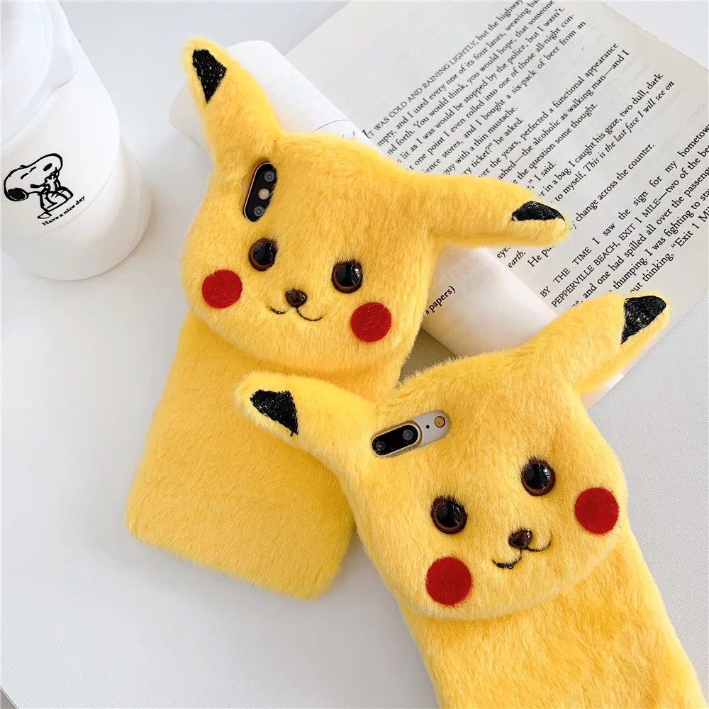 Пушистый чехол для телефона iPhone 11 Pro Max милый плюшевый бампер Pika противоударный