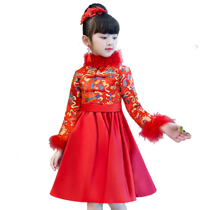 Зимнее теплое стеганое атласное платье для девочки Рождественская вечеринка