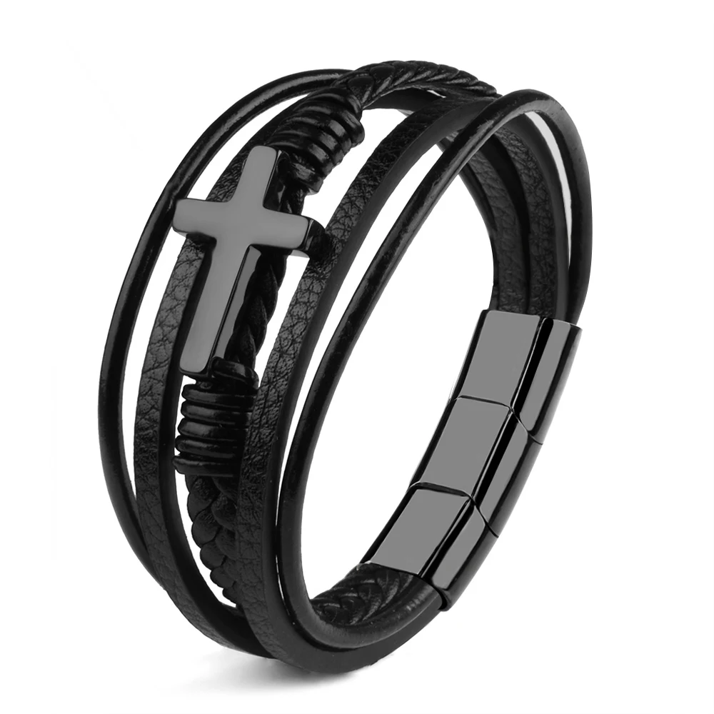 

Stainless Steel Cross Genuine Leather Bracelet Adjustable Magnetic Clasp Multilayer Charm Punk Style Bracelets For Male Jewelry