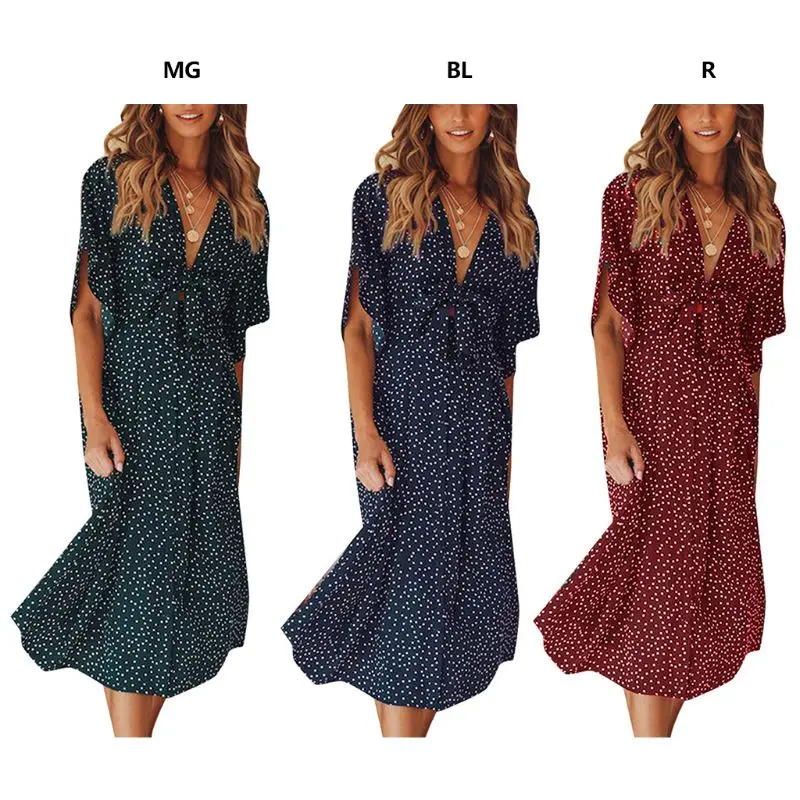 

Womens Summer Half Sleeves Mid-Calf Midi Long Dress Boho Vintage Polka Dot Printed Deep V-Neck Lace Up Bowknot Empire Waist