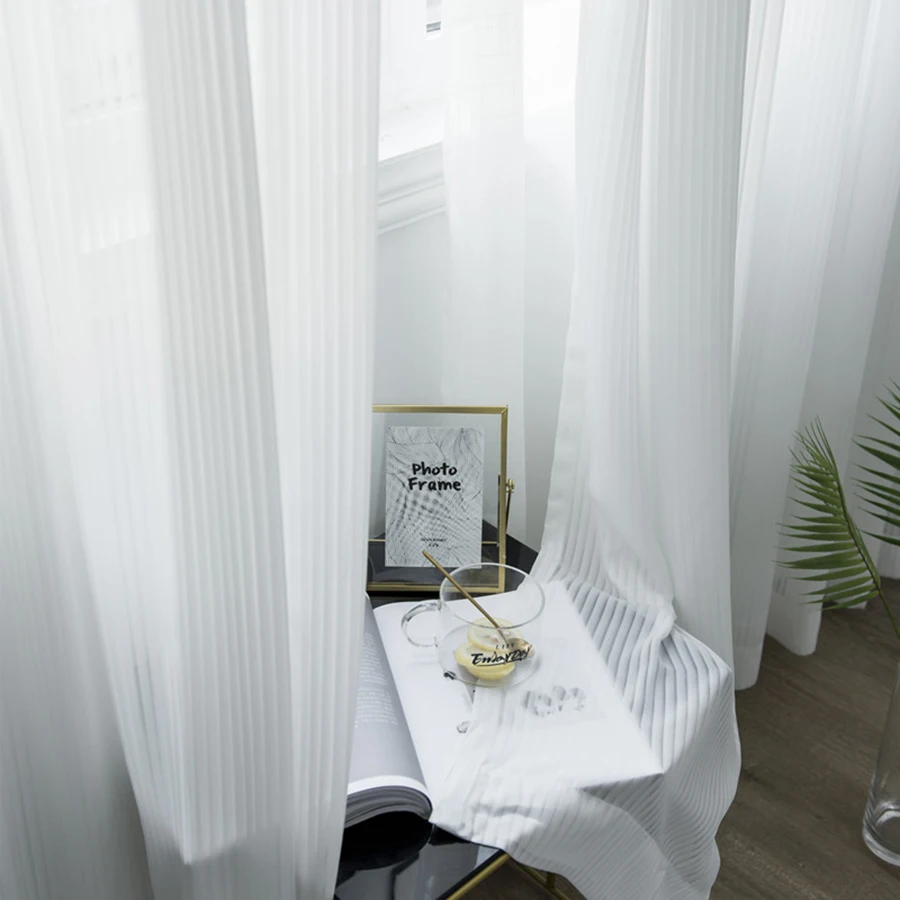 Solid White Chiffon Soft Striped Window Treatments Tulle Curtains For Living Room Jacquard Voile for Kitchen Panels MY225#5 | Дом и сад