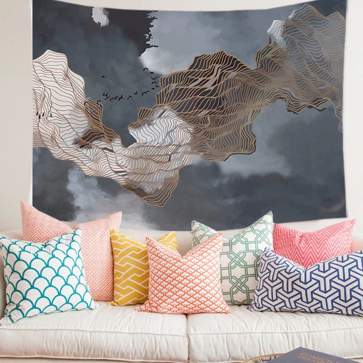 

Printed Tapestry Ink Painting Wall Hanging for Living Room Bohemia Home Wall Decoration Gold Stripe Home Decor Wall Tapestry