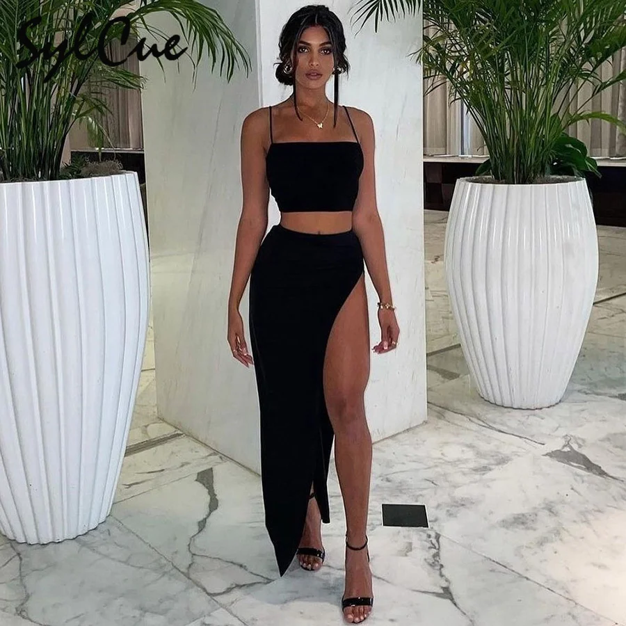 

Sylcue Autumn new crop strap is paired with a thigh-high slit floor-length skirt two-piece dress high street style casual dress